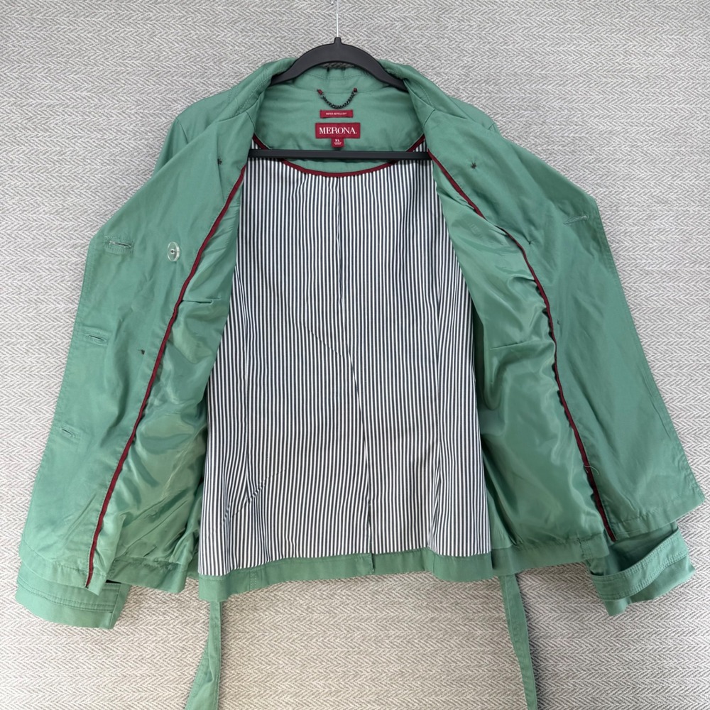Merona Trench Coat XL Green Water Repellent Belted Double Breasted Rain Jacket - Picture 4 of 12